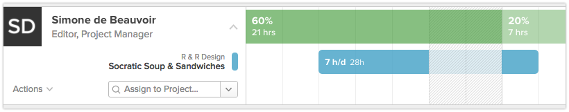 An assignment that spans a non-work day, showing the assignment's colored bar appearing behind the gray hashing