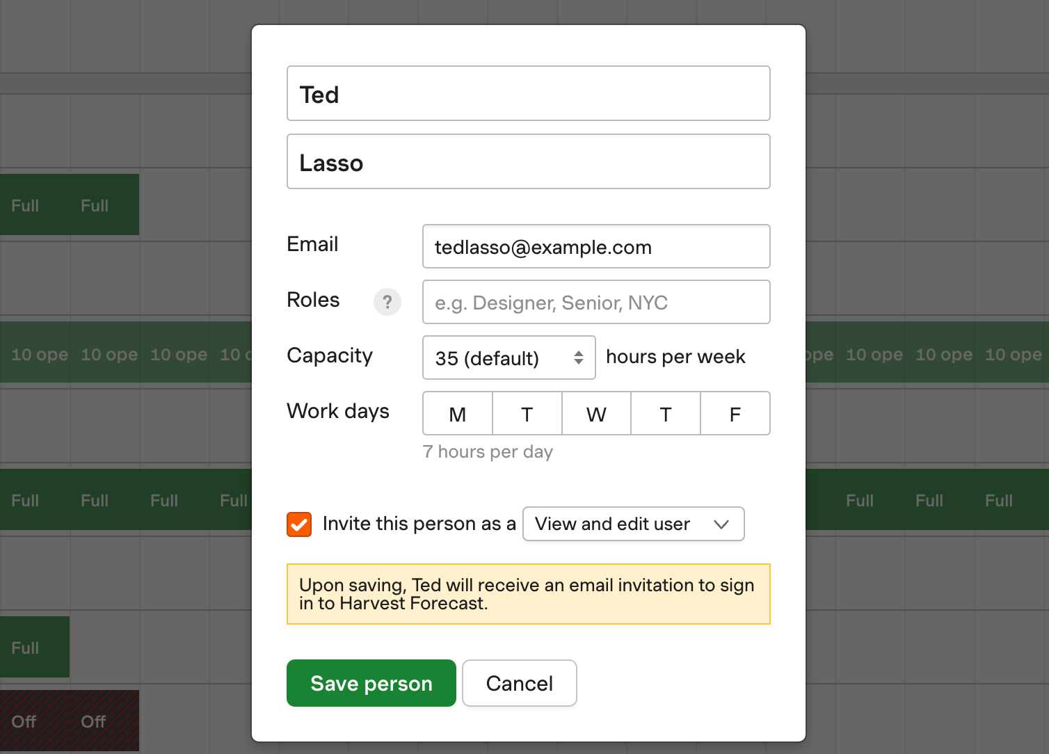 Screenshot showing the form for adding a person