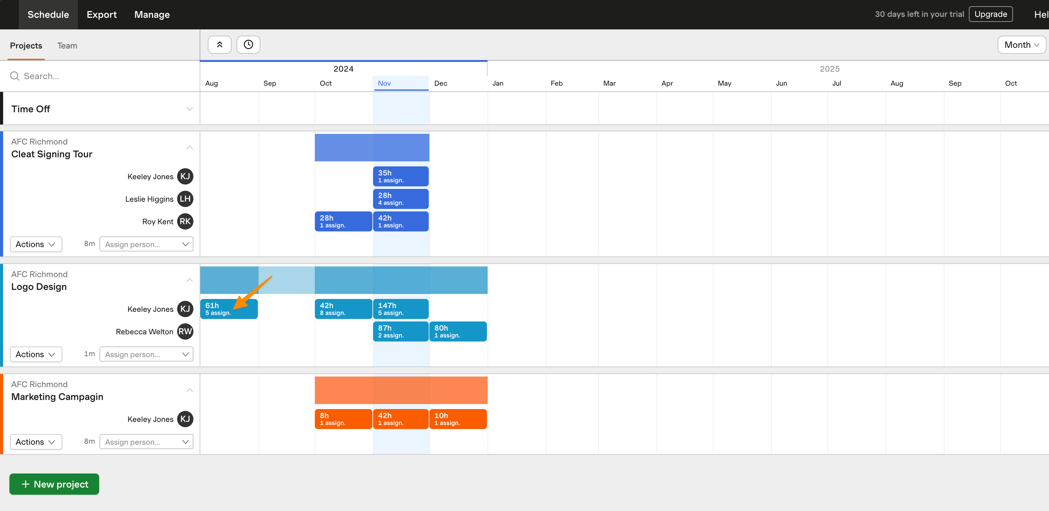 Unexpenaded assignment group in the month view