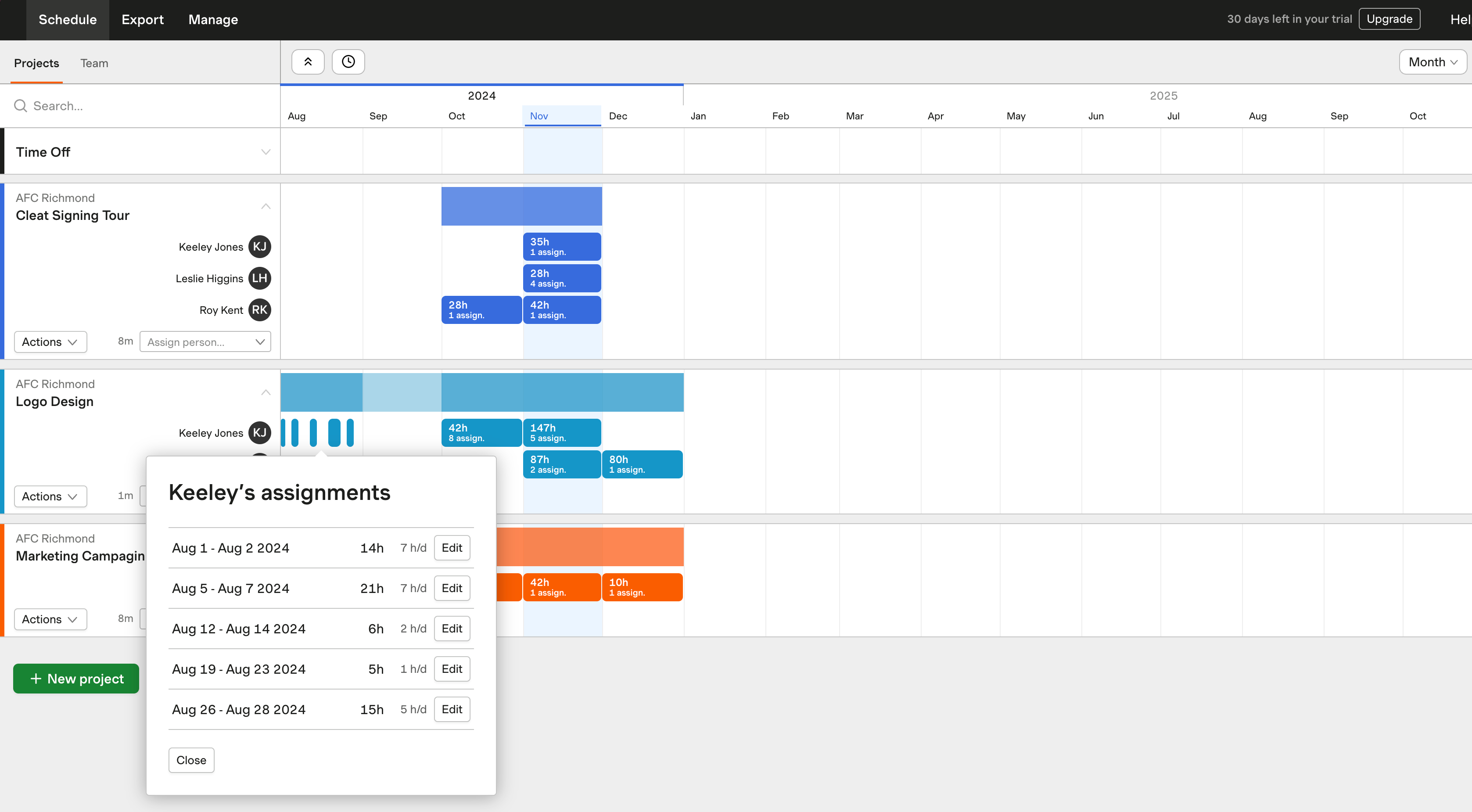 Expanded assignment group in the month view