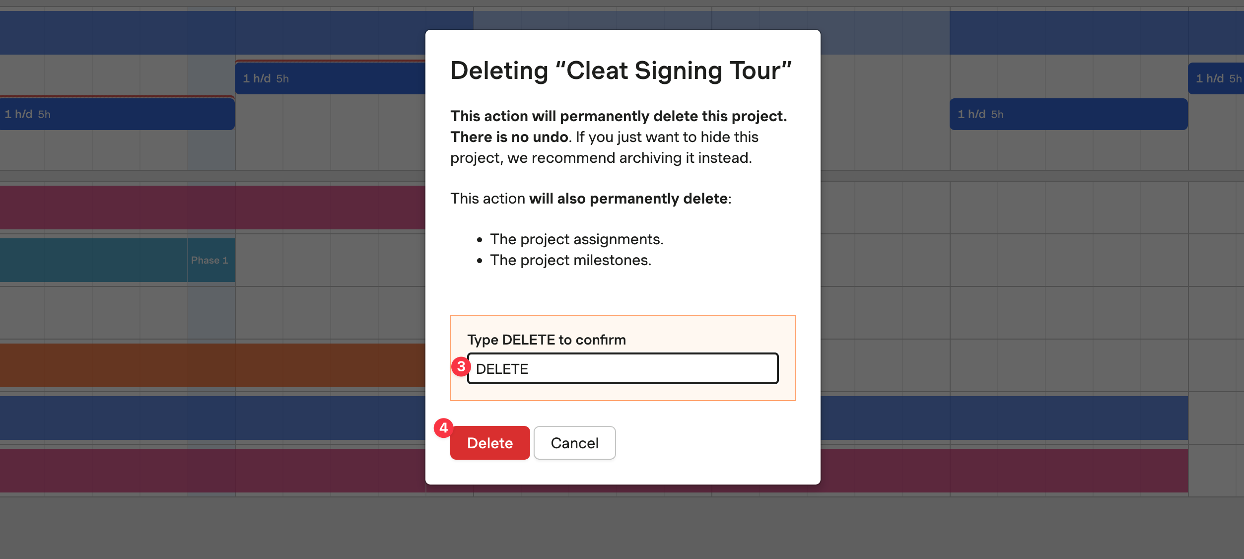 Screenshot showing the last steps for deleting a project