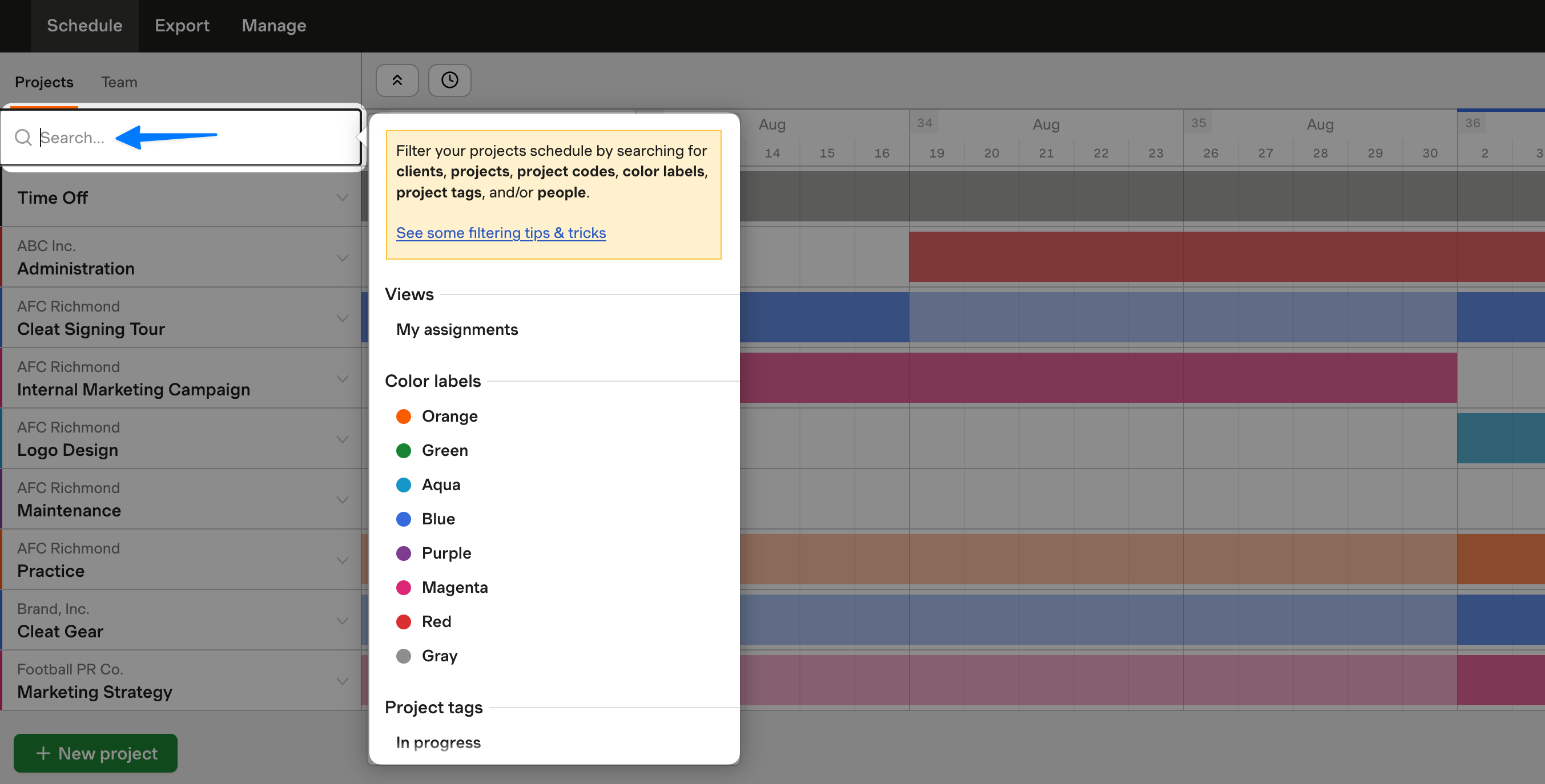 Screenshot of filtering your schedule from the search field