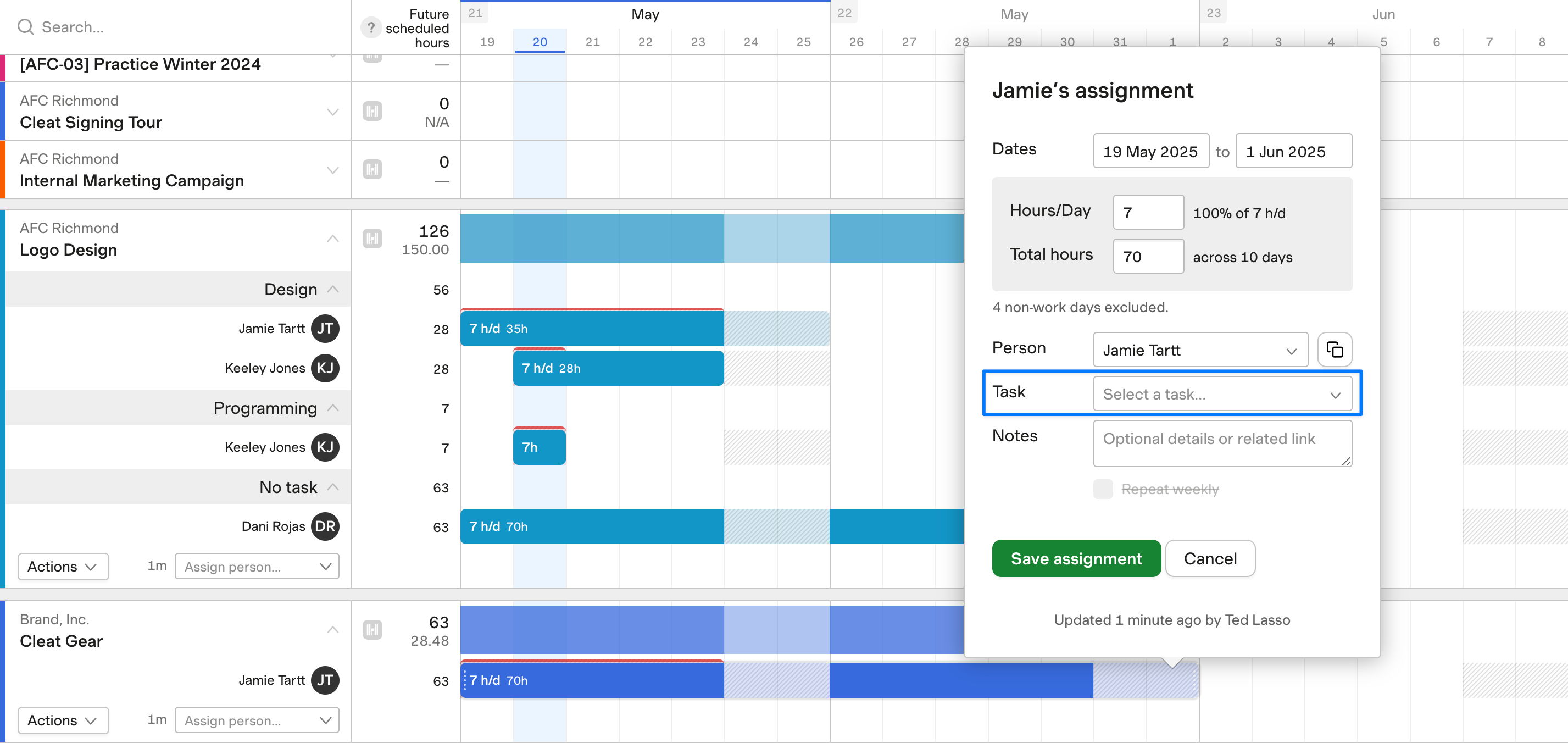 Screenshot showing task dropdown on assignment form