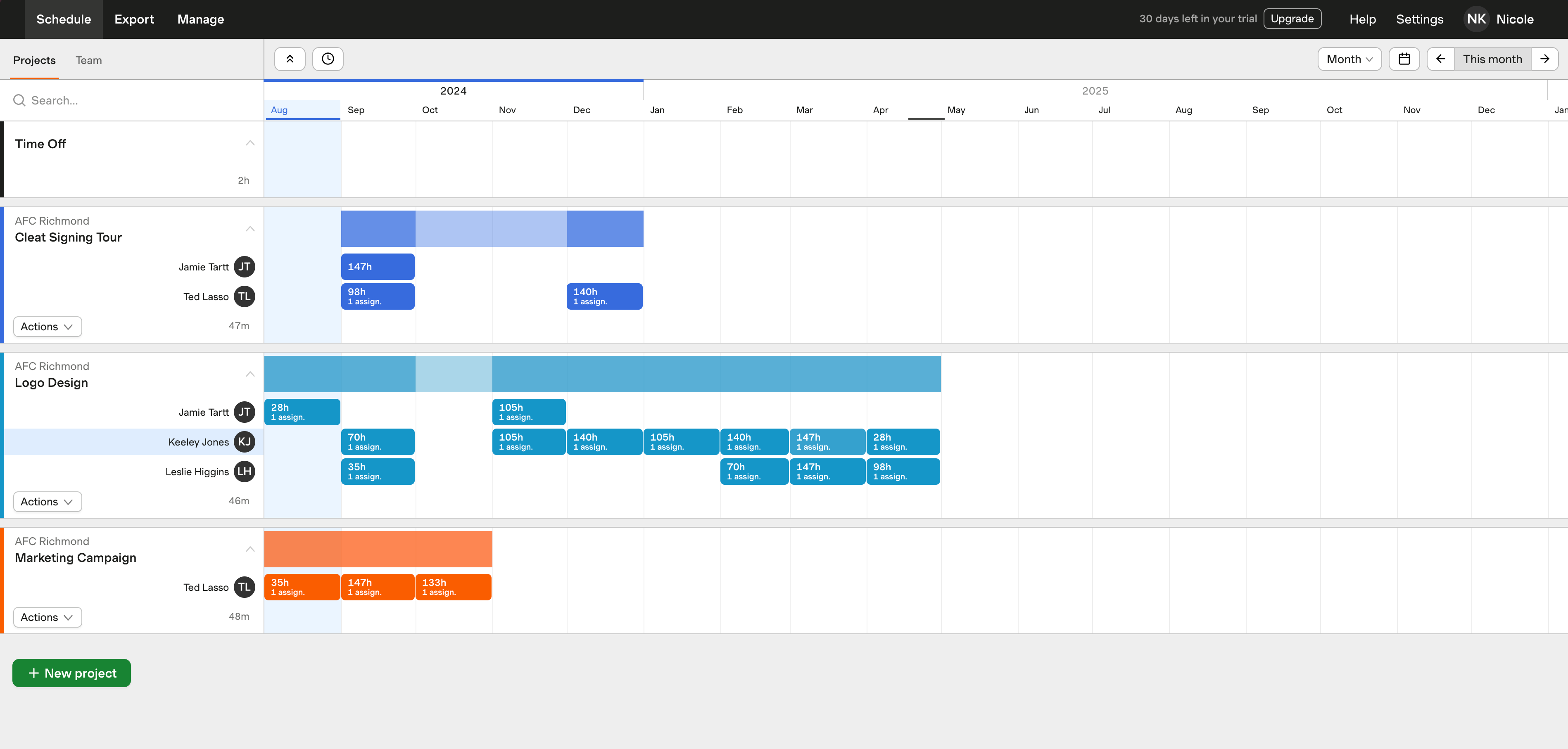 The Projects Schedule month view