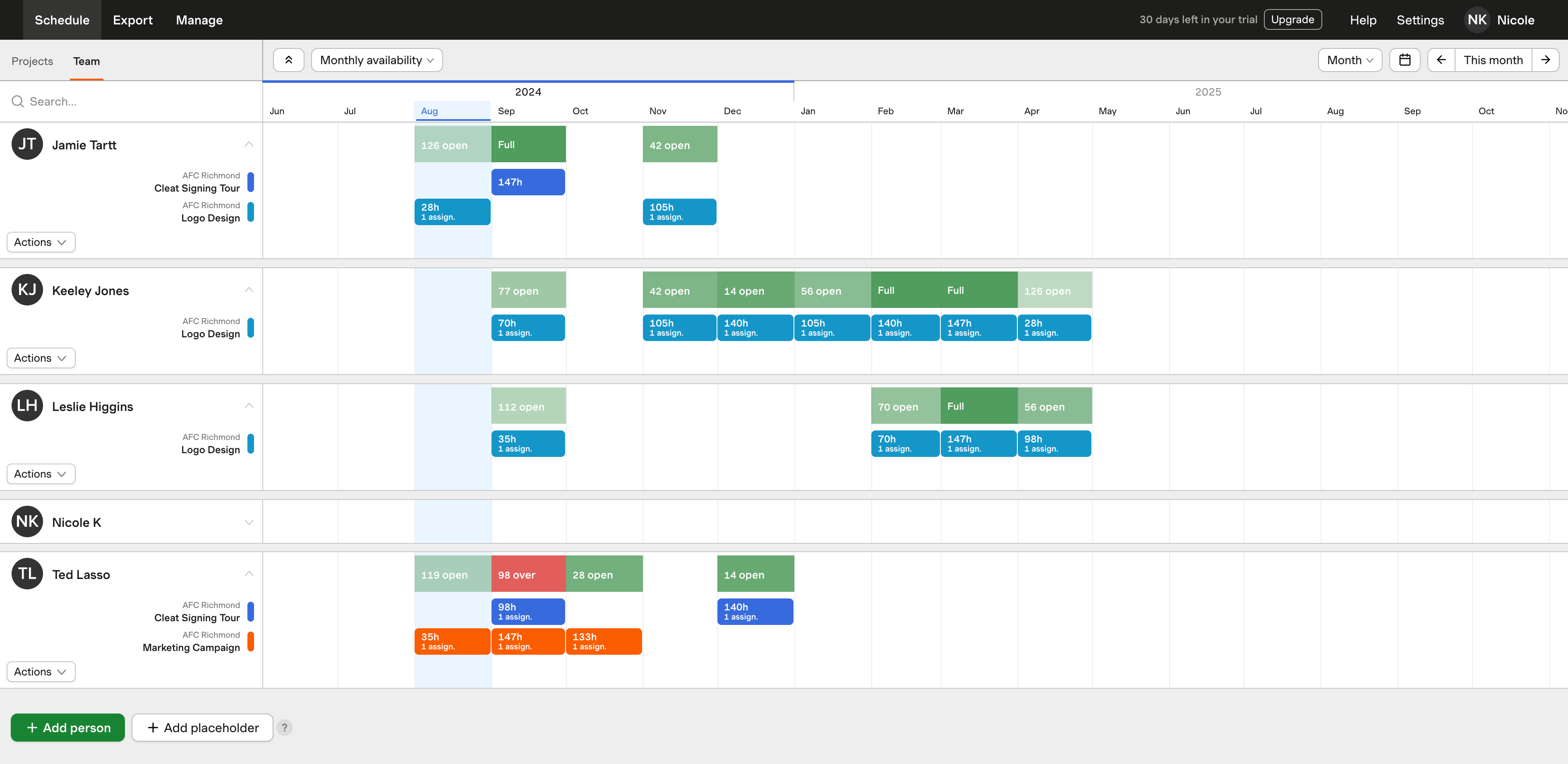 The Team Schedule week view