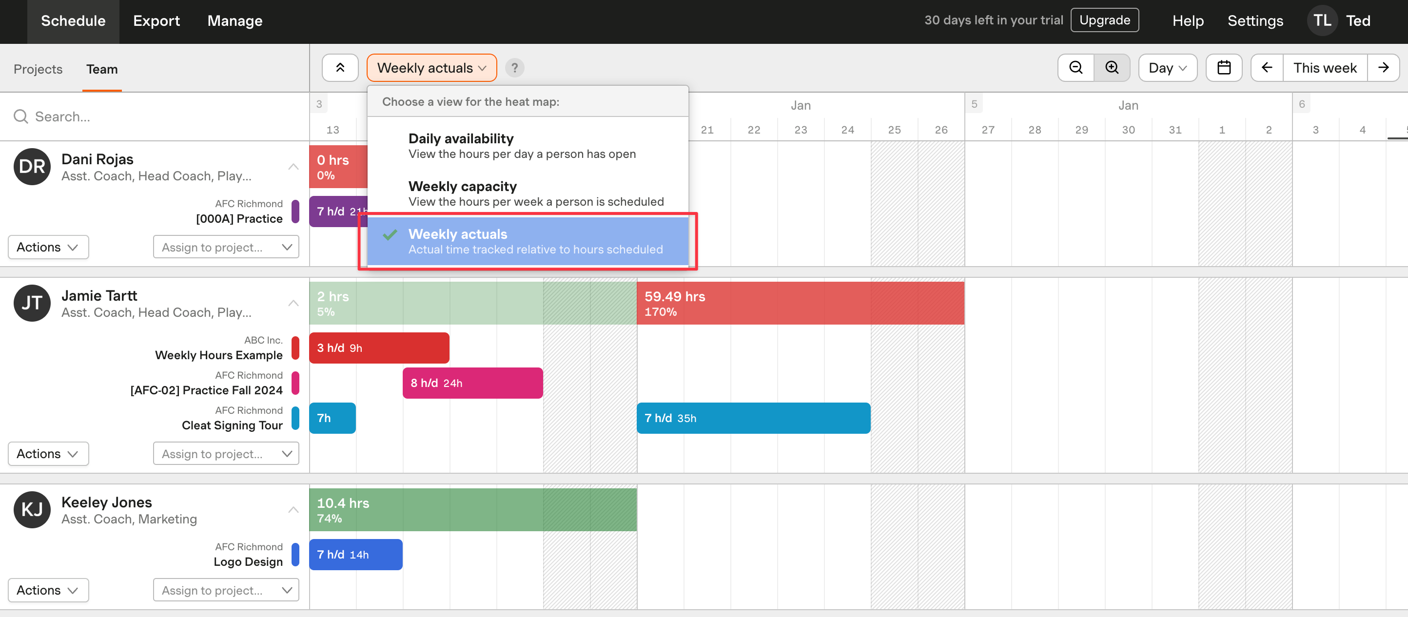 Screenshot that shows the heat map dropdown options