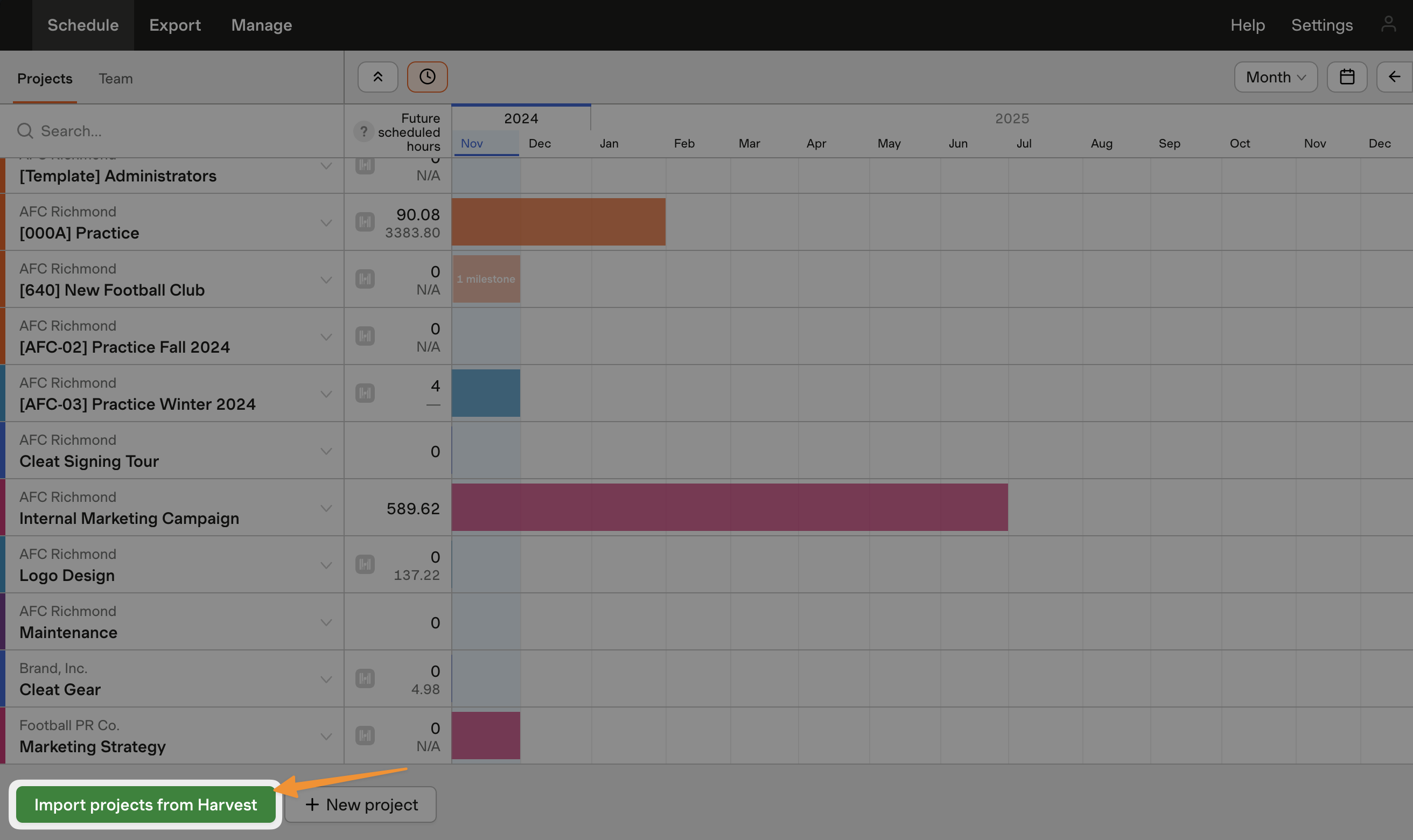 Image showing the import button on the Projects schedule