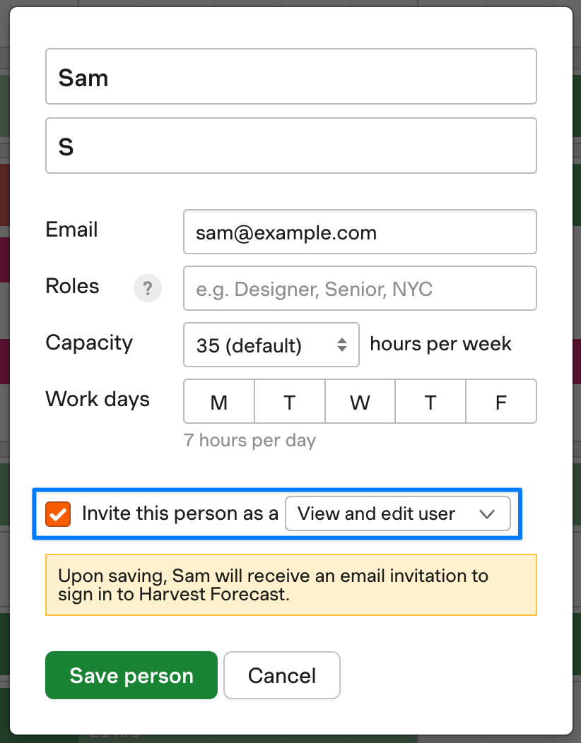 Screenshot of the edit person form with the "Invite this person" area highlighted