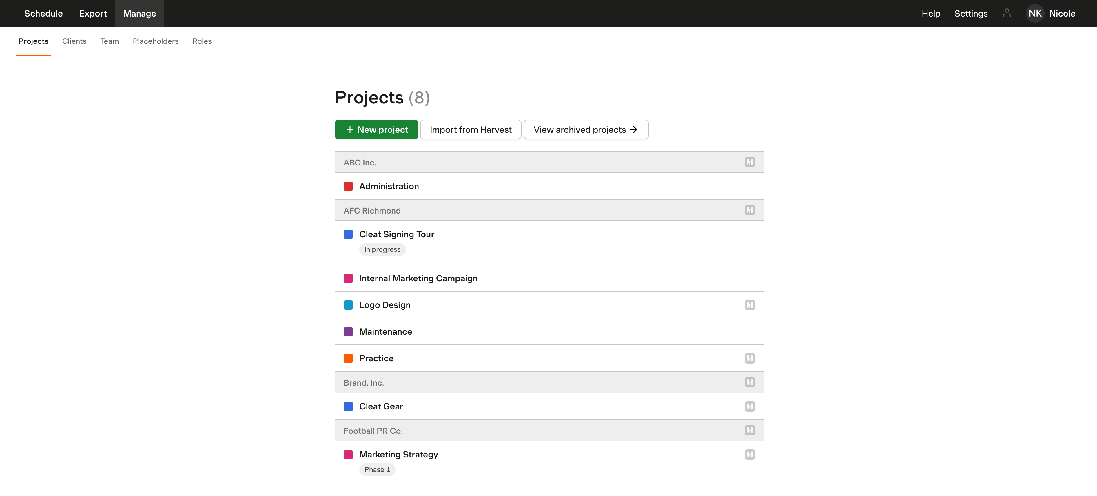 Screenshot of the Projects page