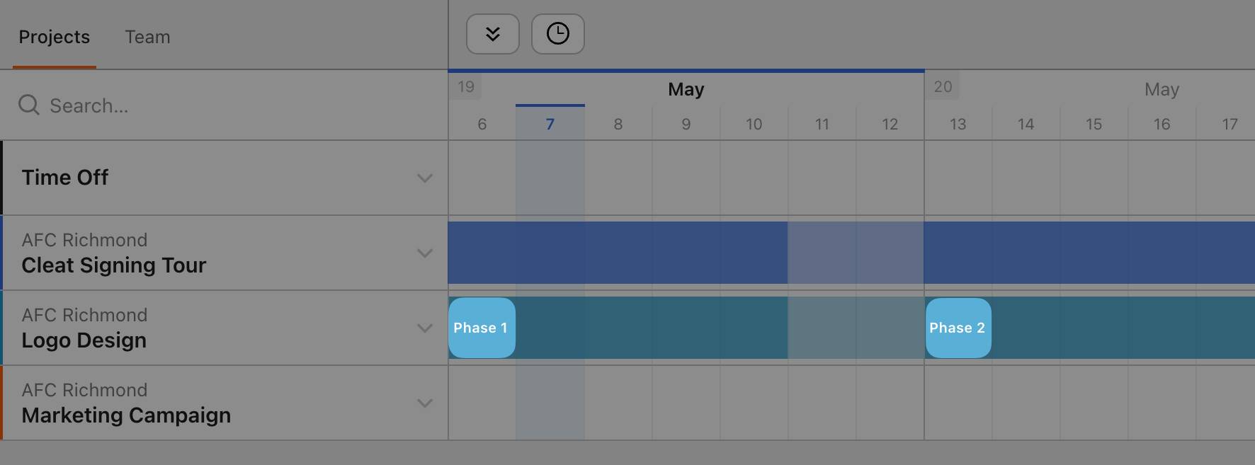 Screenshot of two milestones for a project on the Projects schedule