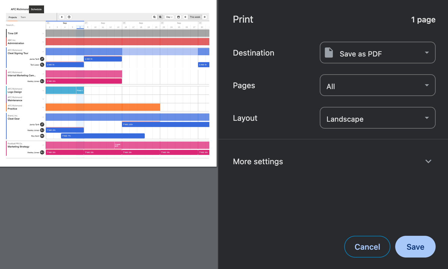 Printing schedule example Chrome