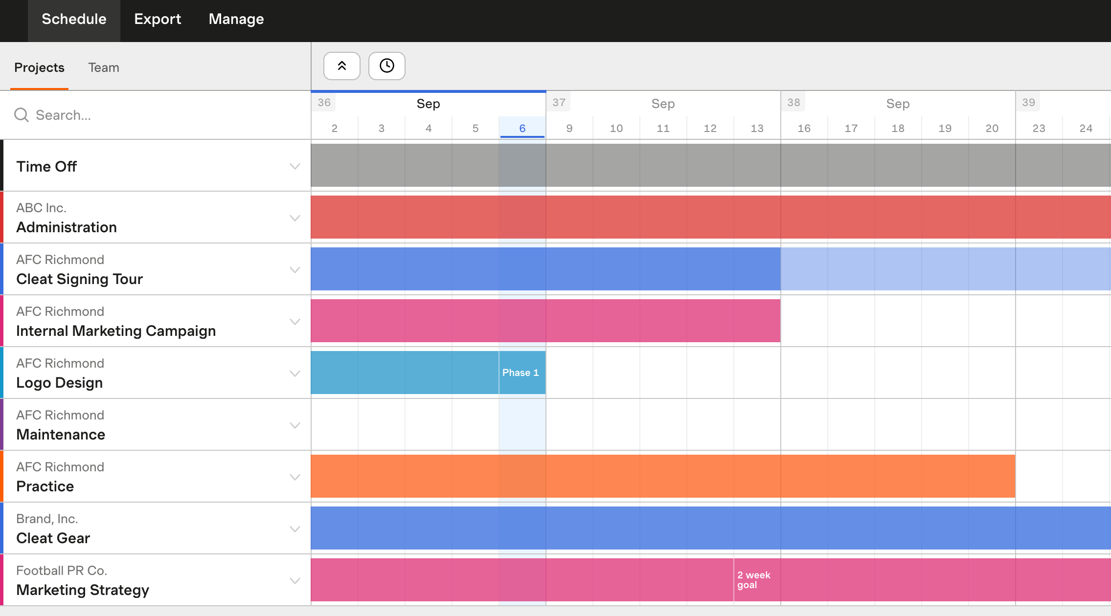 Screenshot showing color labels on the Projects schedule, including some marketing-related projects colored magenta