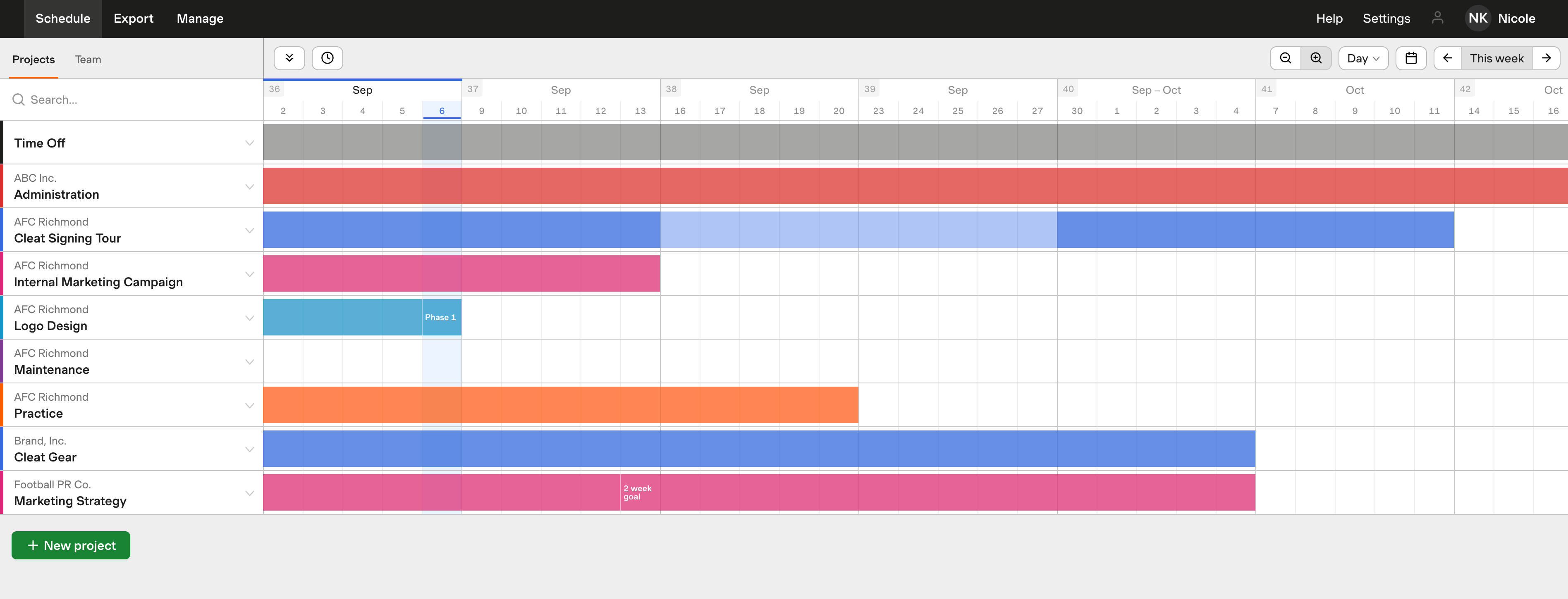 Screenshot of the Projects schedule