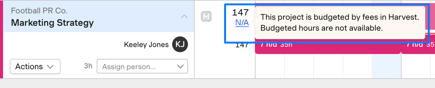 Screenshot showing "N/A" for remaining budgeted hours, with a tooltip explaining the reason
