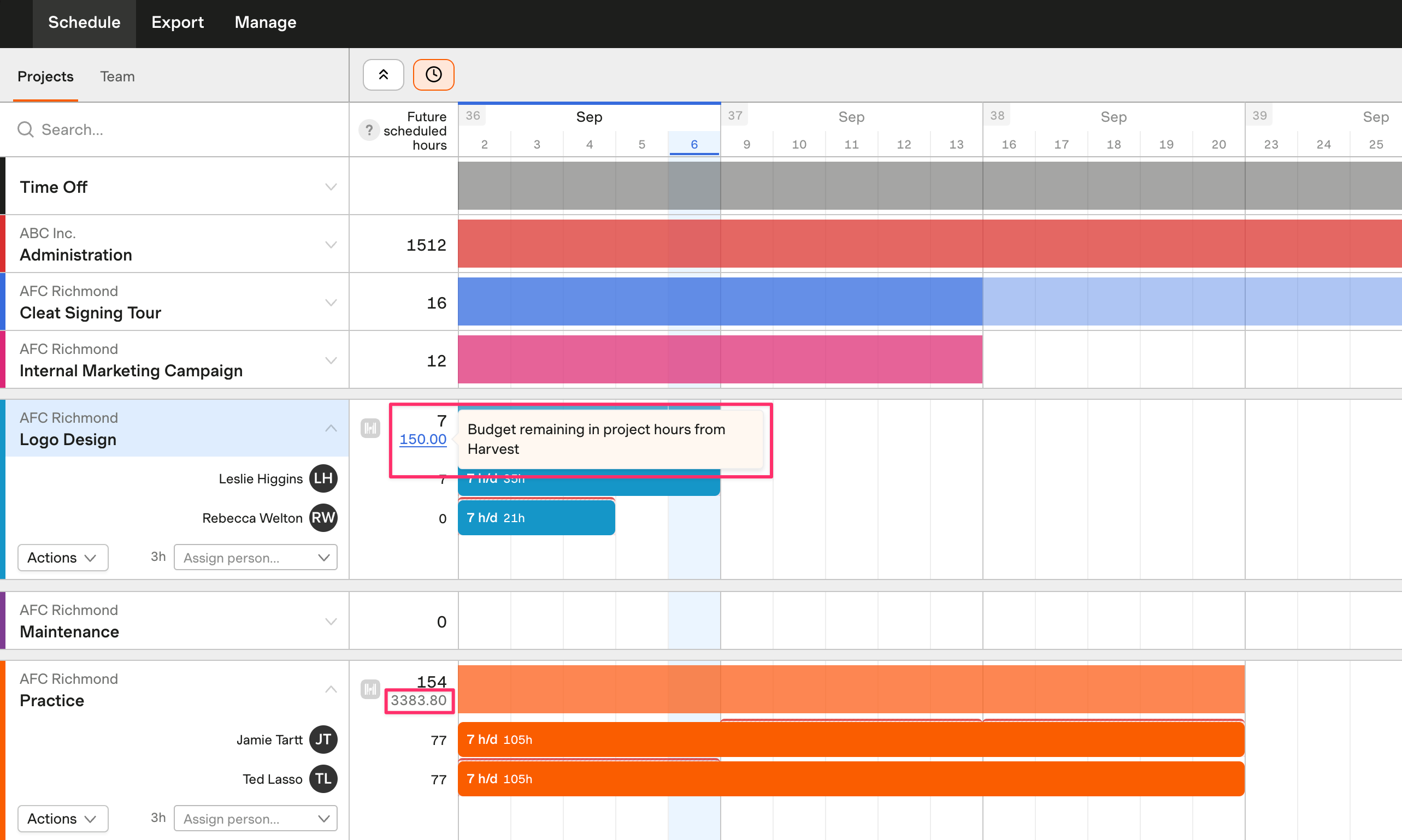 Screenshot showing remaining budgeted hours