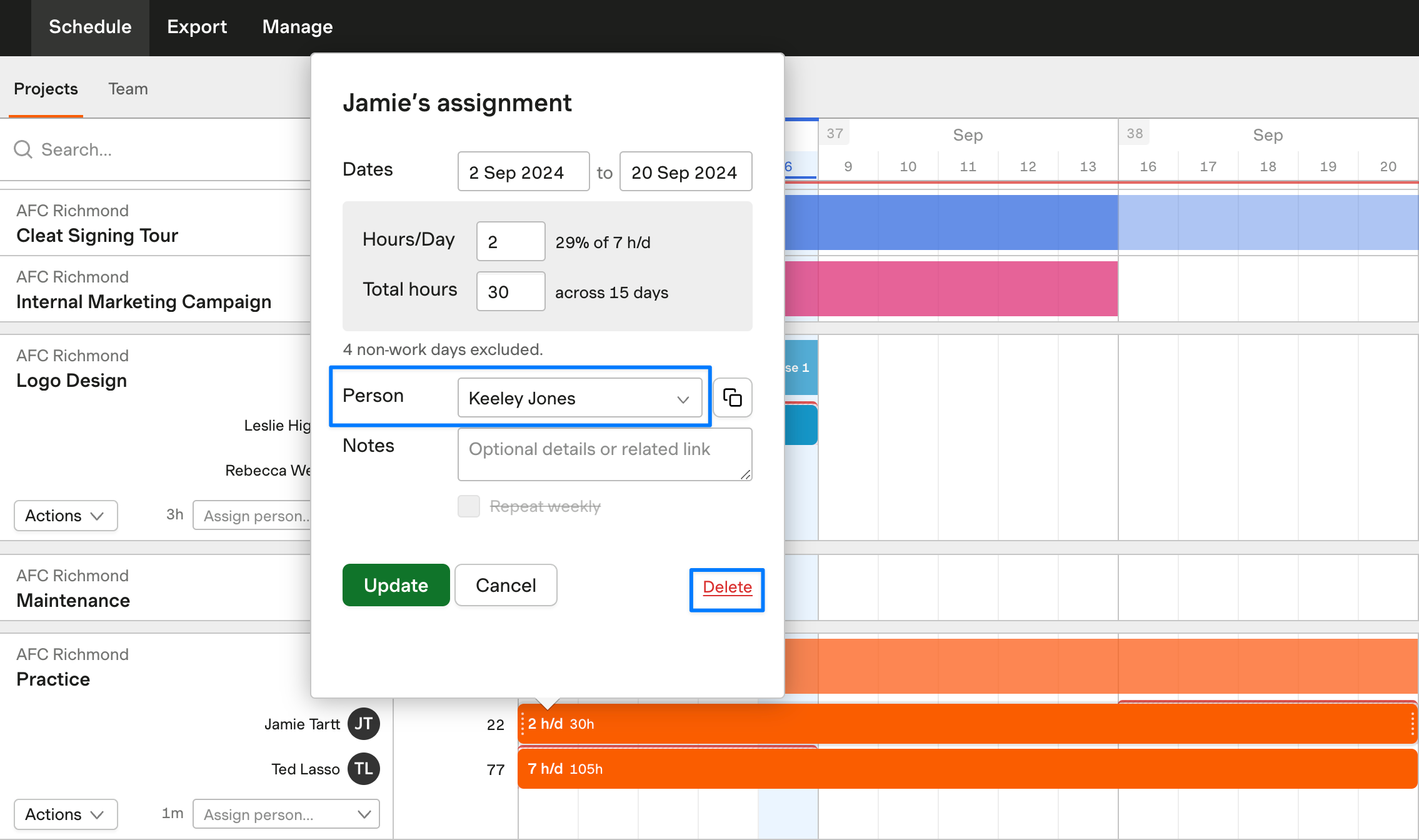 Screenshot showing where to delete an assignment or reassign it to someone else