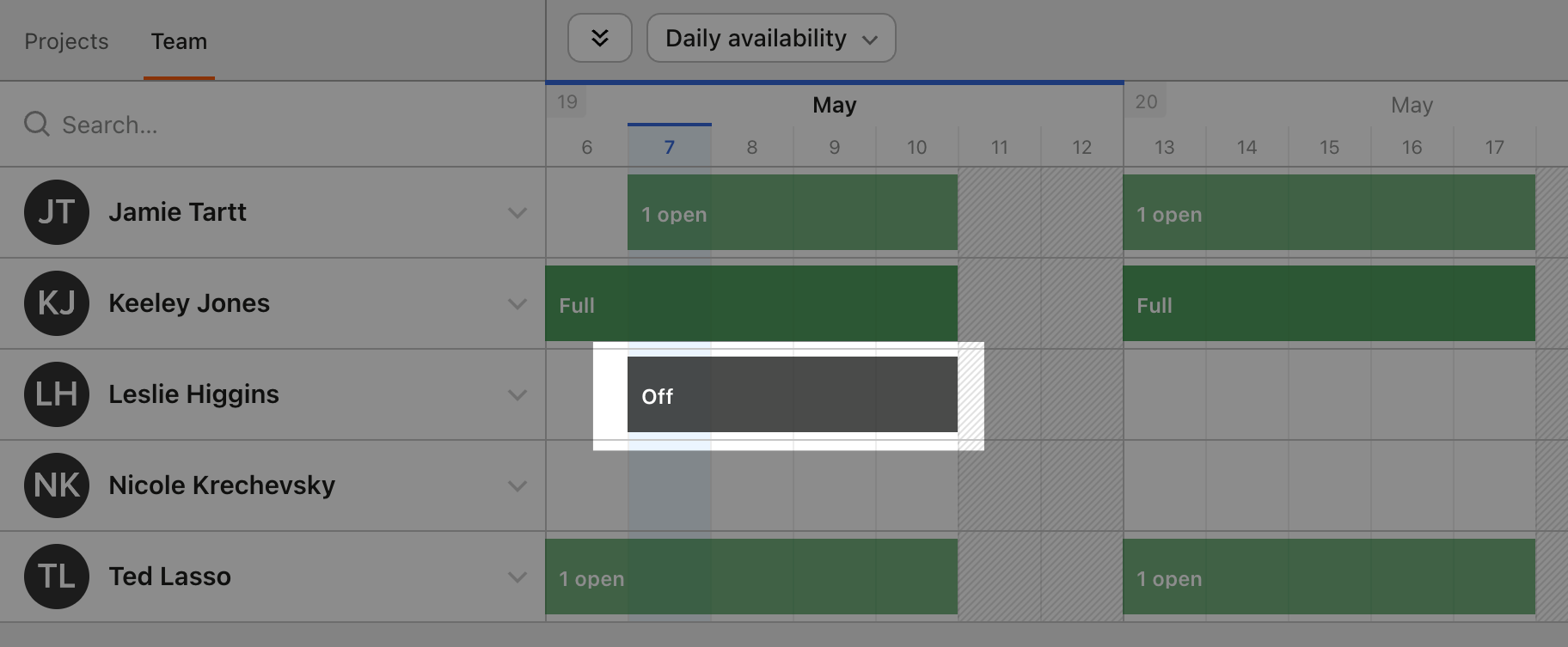 Screenshot of Time Off for a single person on the Team schedule