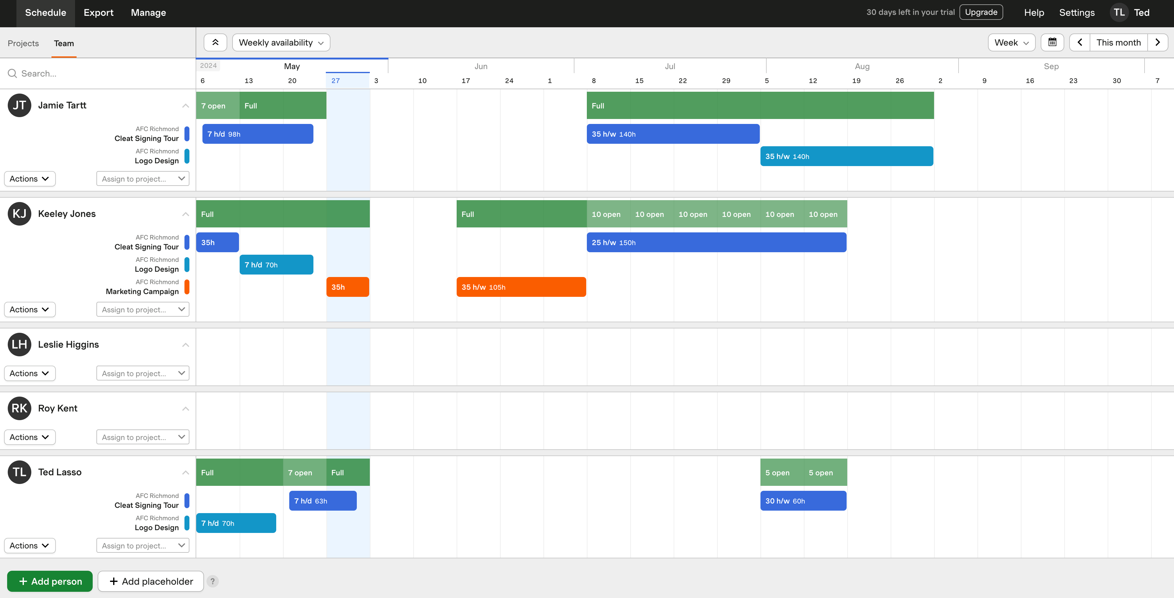 The Team Schedule week view